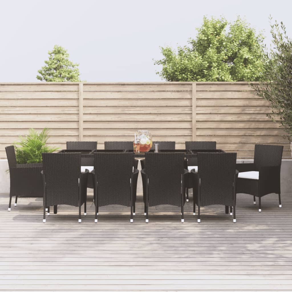 11-piece outdoor dining set with cushions, black polyrattan