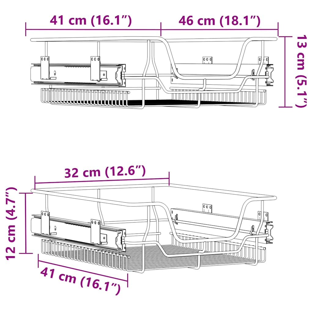 Ulosvedettävät ritiläkorit 2 kpl hopea 45 cm