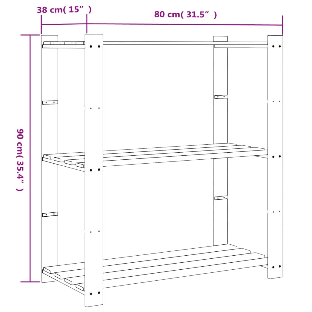 Säilytysteline 3 tasoa ruskea 80x38x90 cm täysi mänty