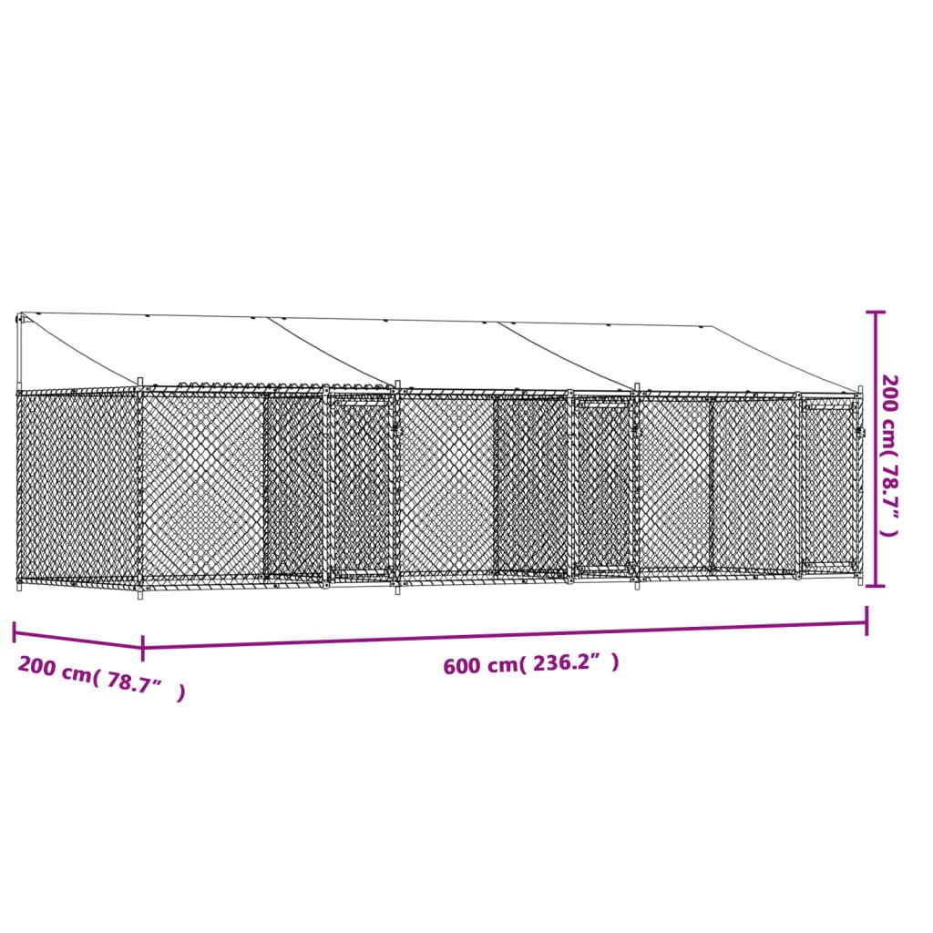 Koiranhäkki katolla ja ovilla harmaa 6x2x2 m galvanoitu teräs