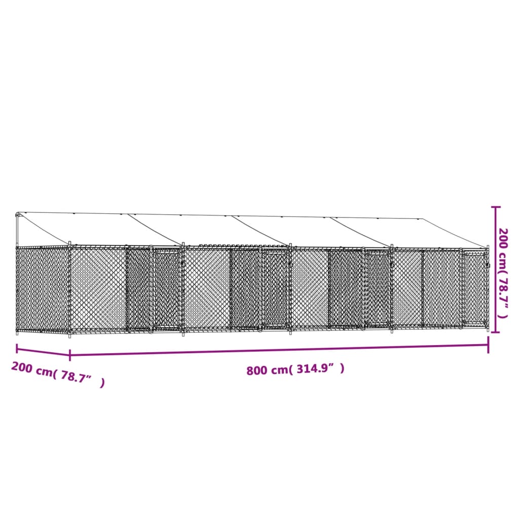 Koiranhäkki katolla ja ovilla harmaa 8x2x2 m galvanoitu teräs