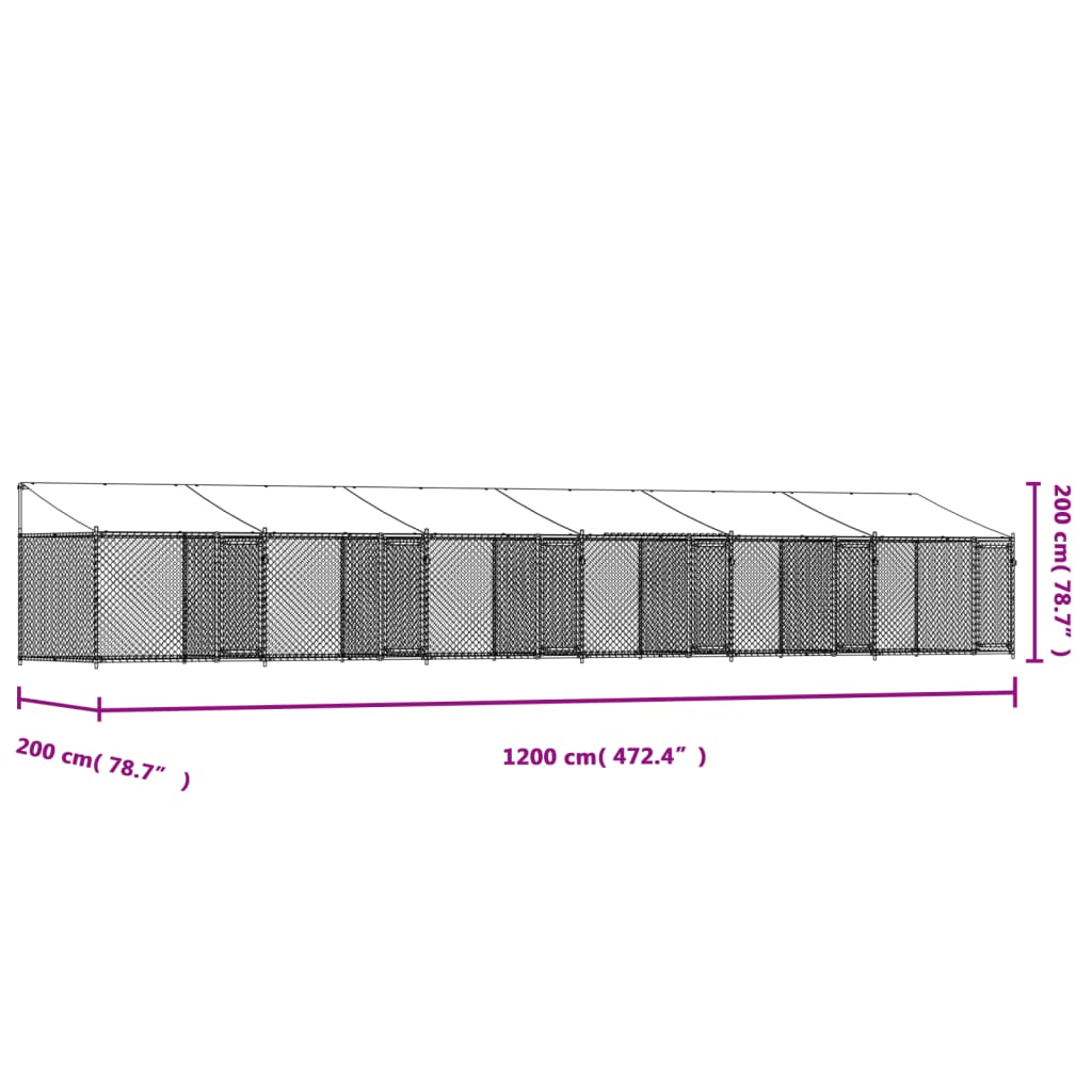 Koiranhäkki katolla ja ovilla harmaa 12x2x2 m galvanoitu teräs