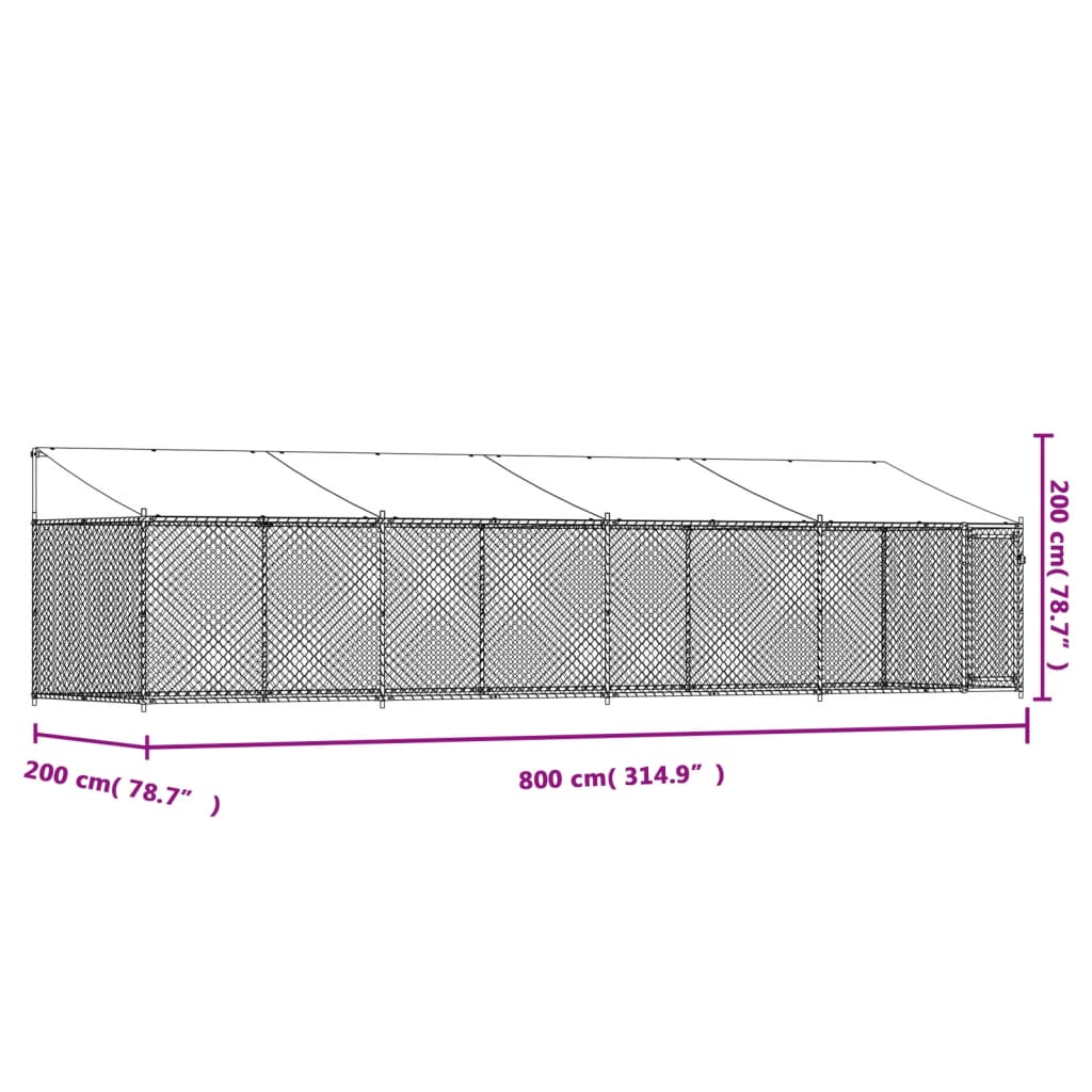 Koiranhäkki katolla ja ovella harmaa 8x2x2 m galvanoitu teräs