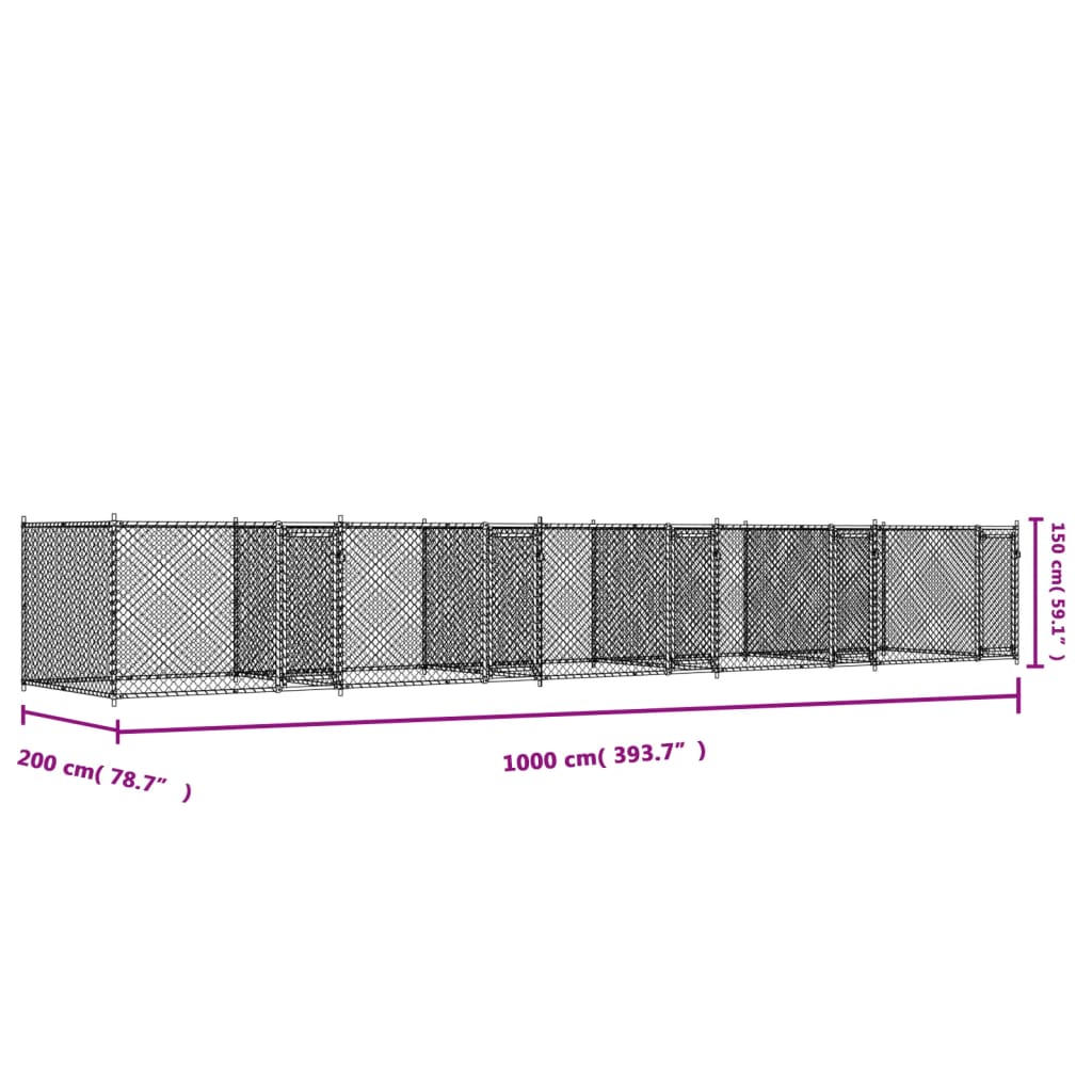 Koiranhäkki ovilla harmaa 10x2x1,5 m galvanoitu teräs