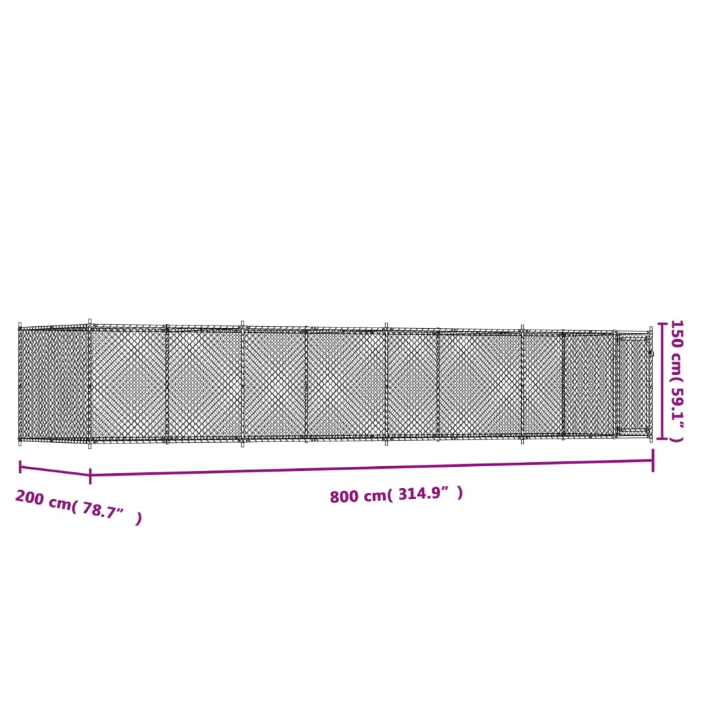 Koiranhäkki ovella harmaa 8x2x1,5 m galvanoitu teräs