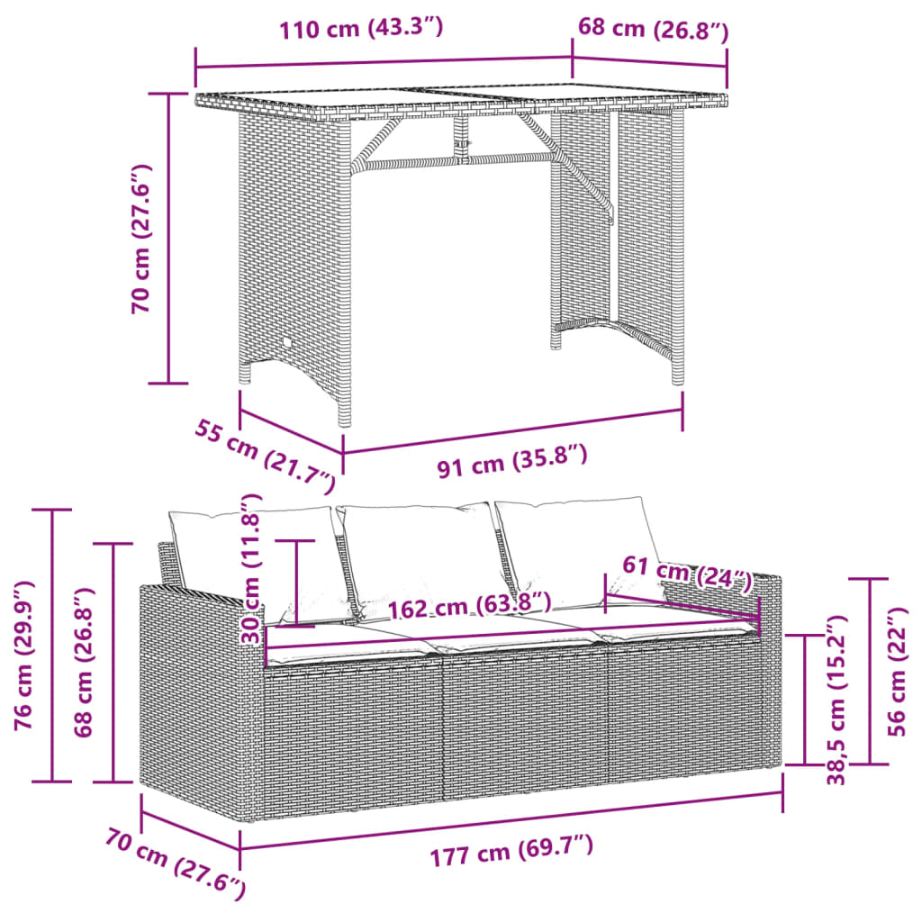 2-piece garden furniture set with cushions, grey polyrattan