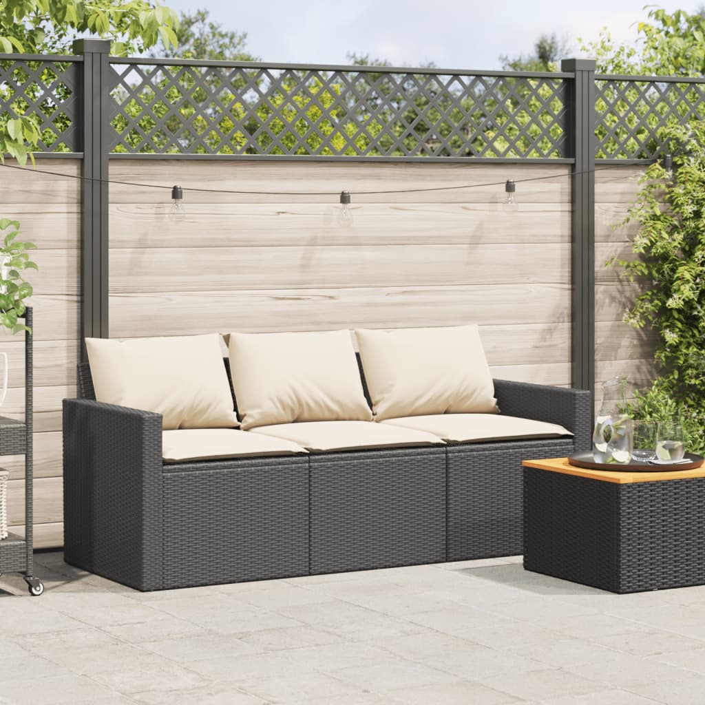 3-Sitzer-Gartensofa mit Kissen, schwarzes Polyrattan