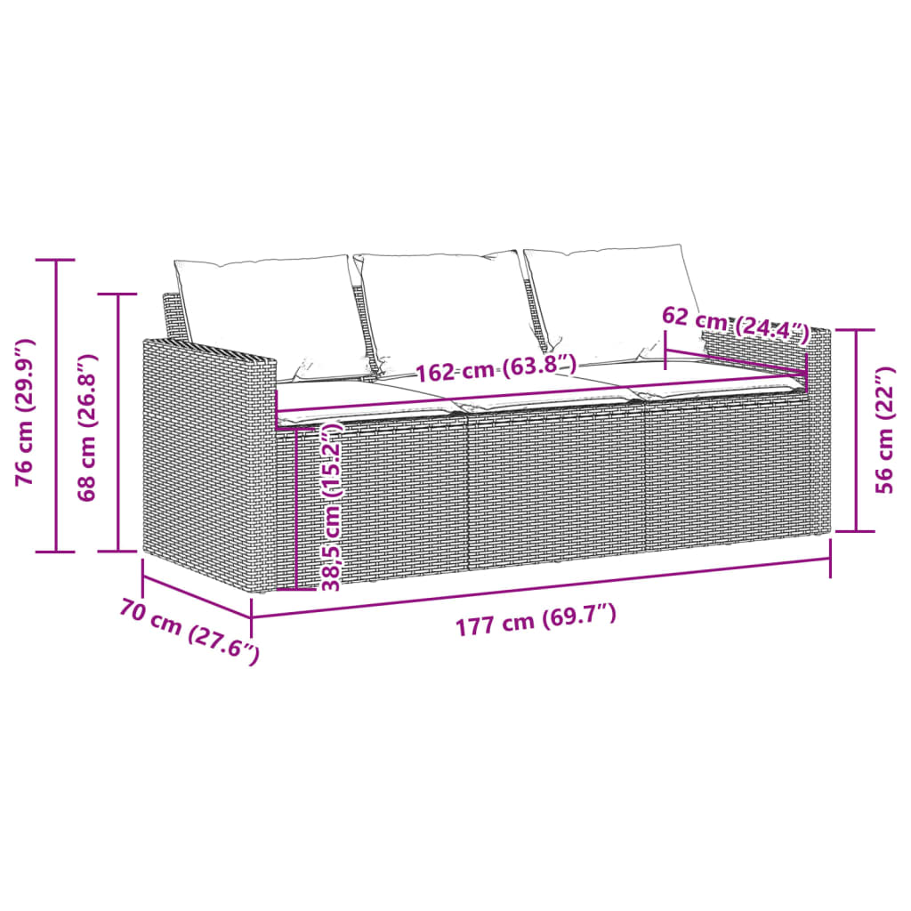 3-Sitzer-Gartensofa mit Kissen, schwarzes Polyrattan