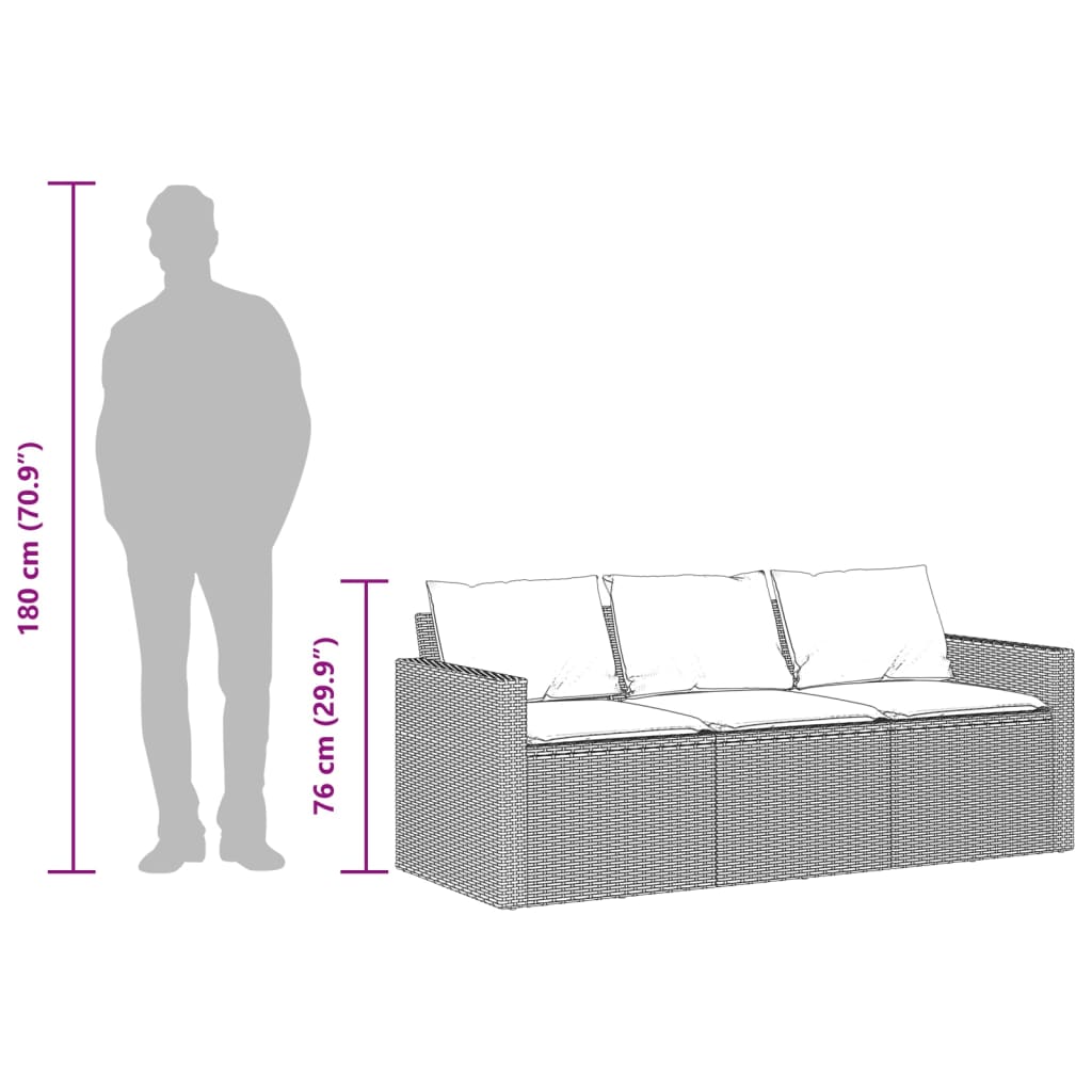 3-Sitzer-Gartensofa mit Kissen, schwarzes Polyrattan