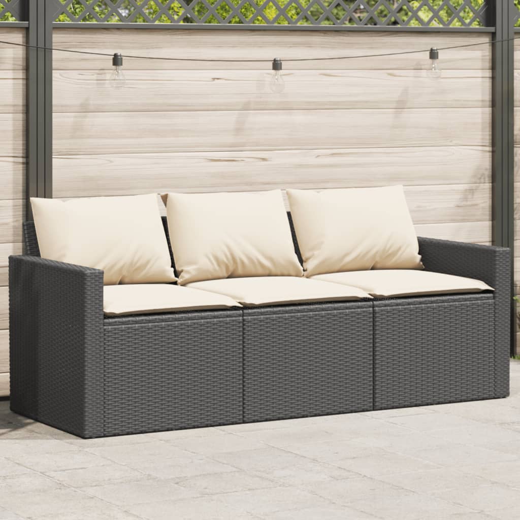 3-Sitzer-Gartensofa mit Kissen, schwarzes Polyrattan