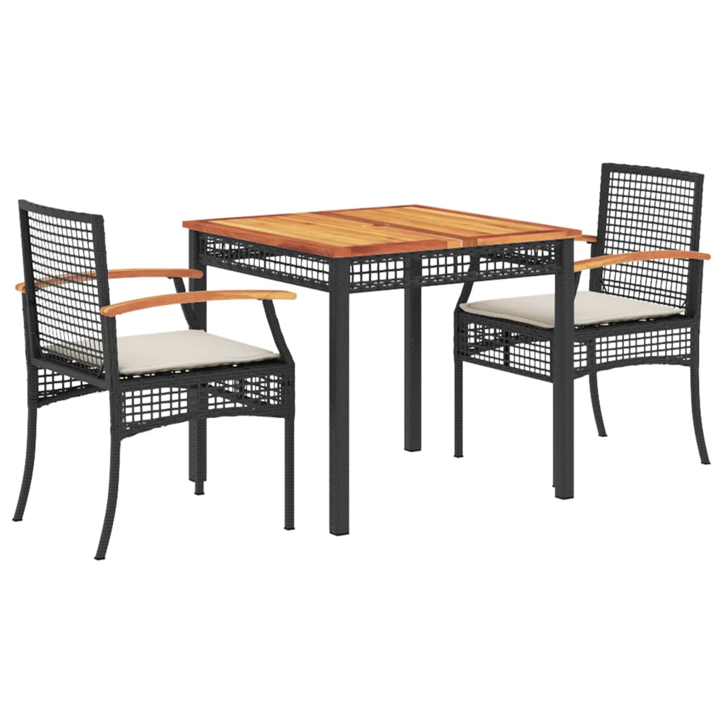 3-piece outdoor dining set with cushions, black polyrattan