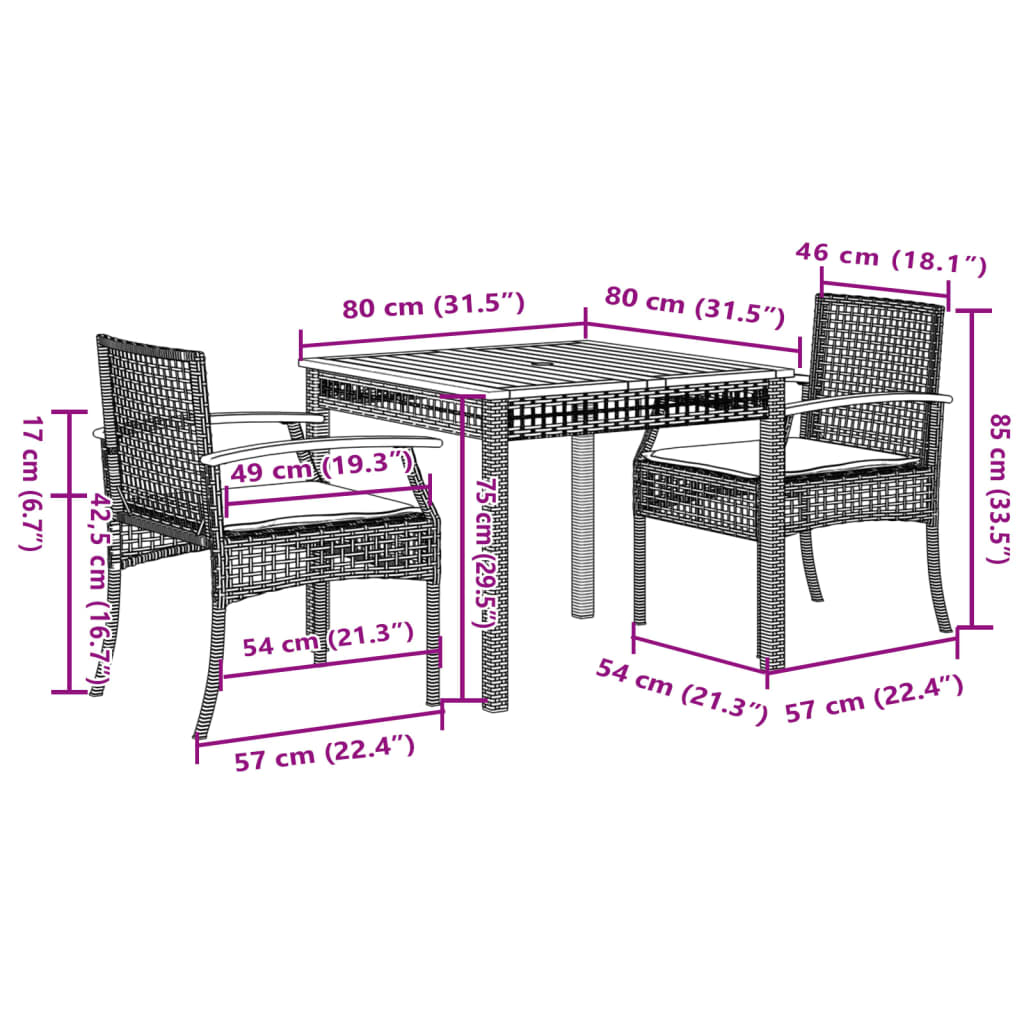 3-piece outdoor dining set with cushions, black polyrattan