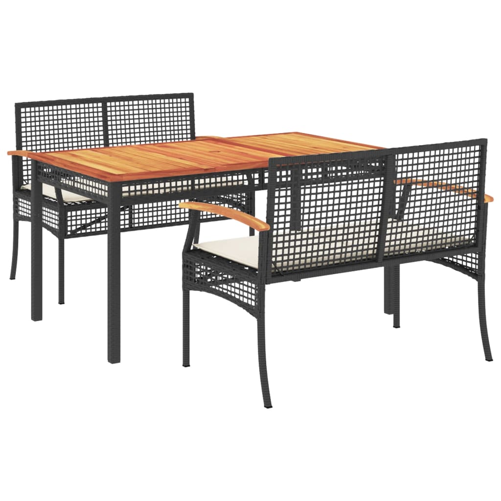 3-piece outdoor dining set with cushions, black polyrattan