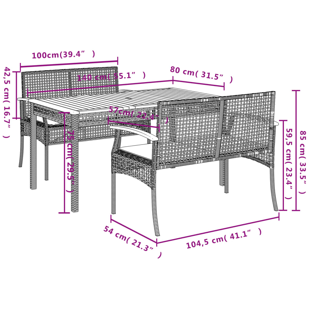 3-piece outdoor dining set with cushions, black polyrattan