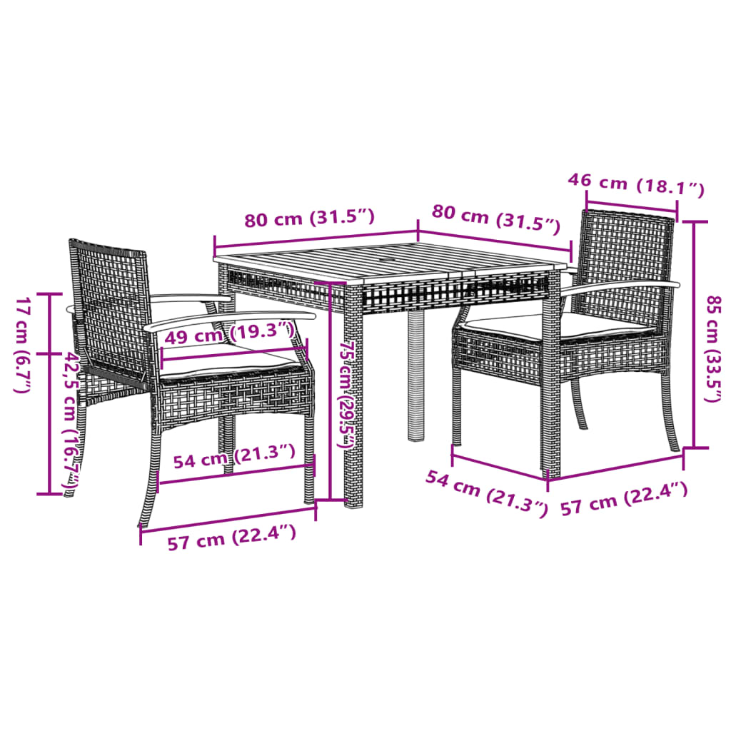 3-piece outdoor dining set with cushions, grey polyrattan