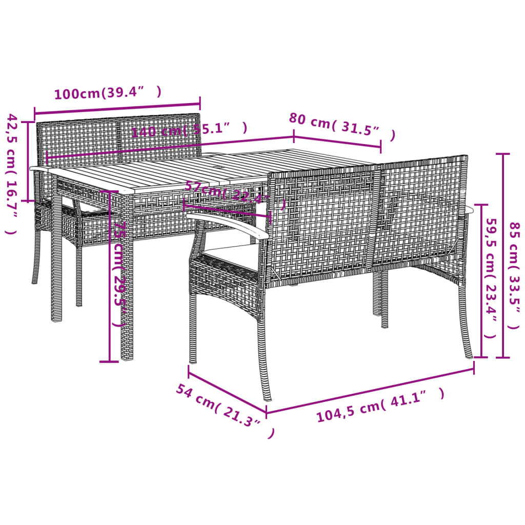 3-piece outdoor dining set with cushions, grey polyrattan