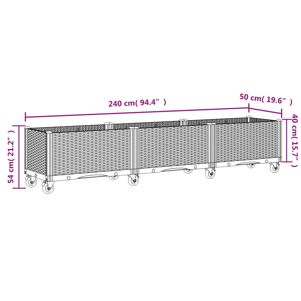 Outdoor flower box on wheels white 240x50x54 cm PP