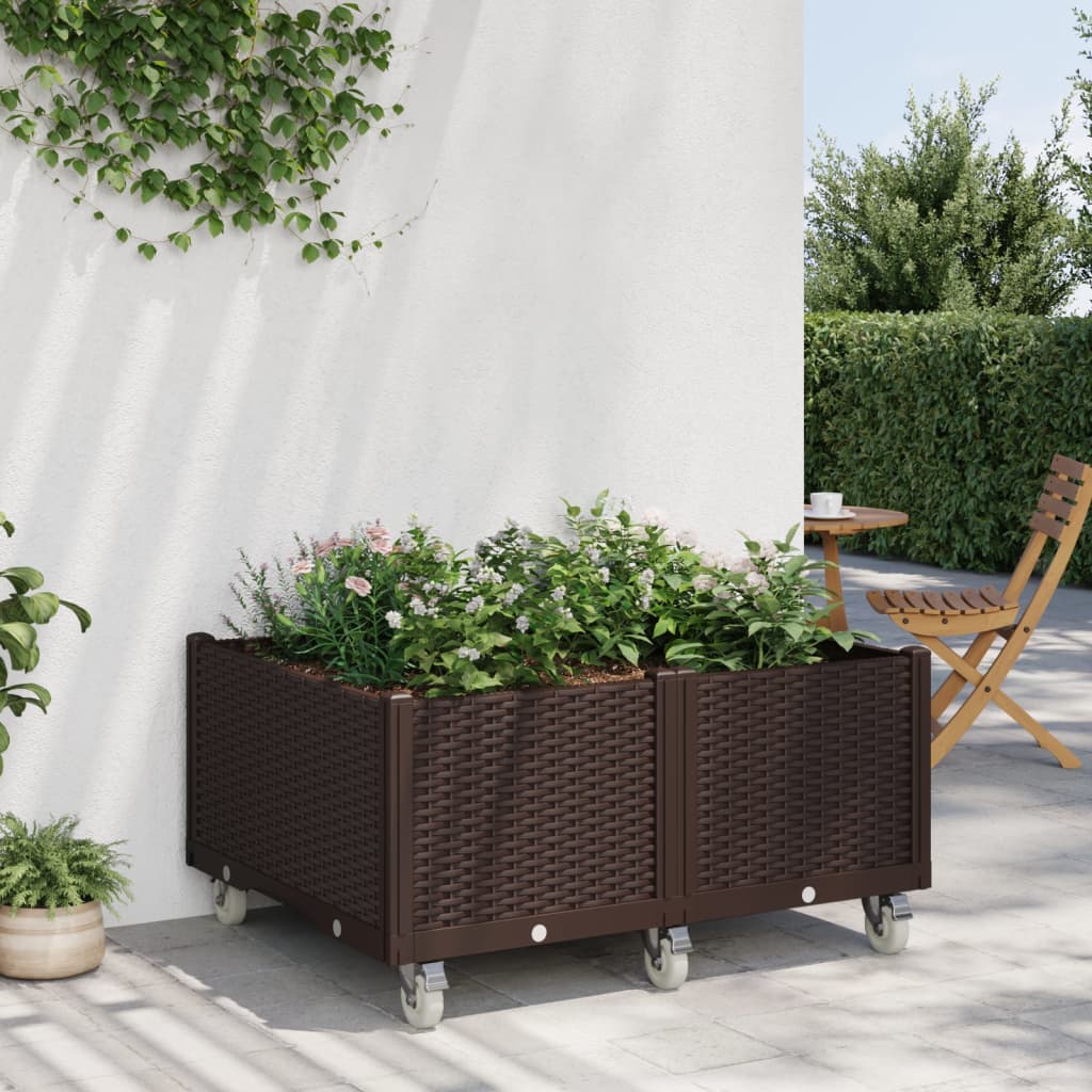 Outdoor flower box on wheels brown 100x80x54 cm PP