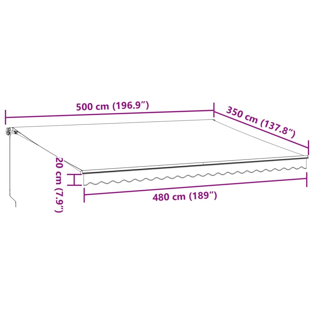 Käsin kelattava markiisi LED viininpunainen 500x350 cm