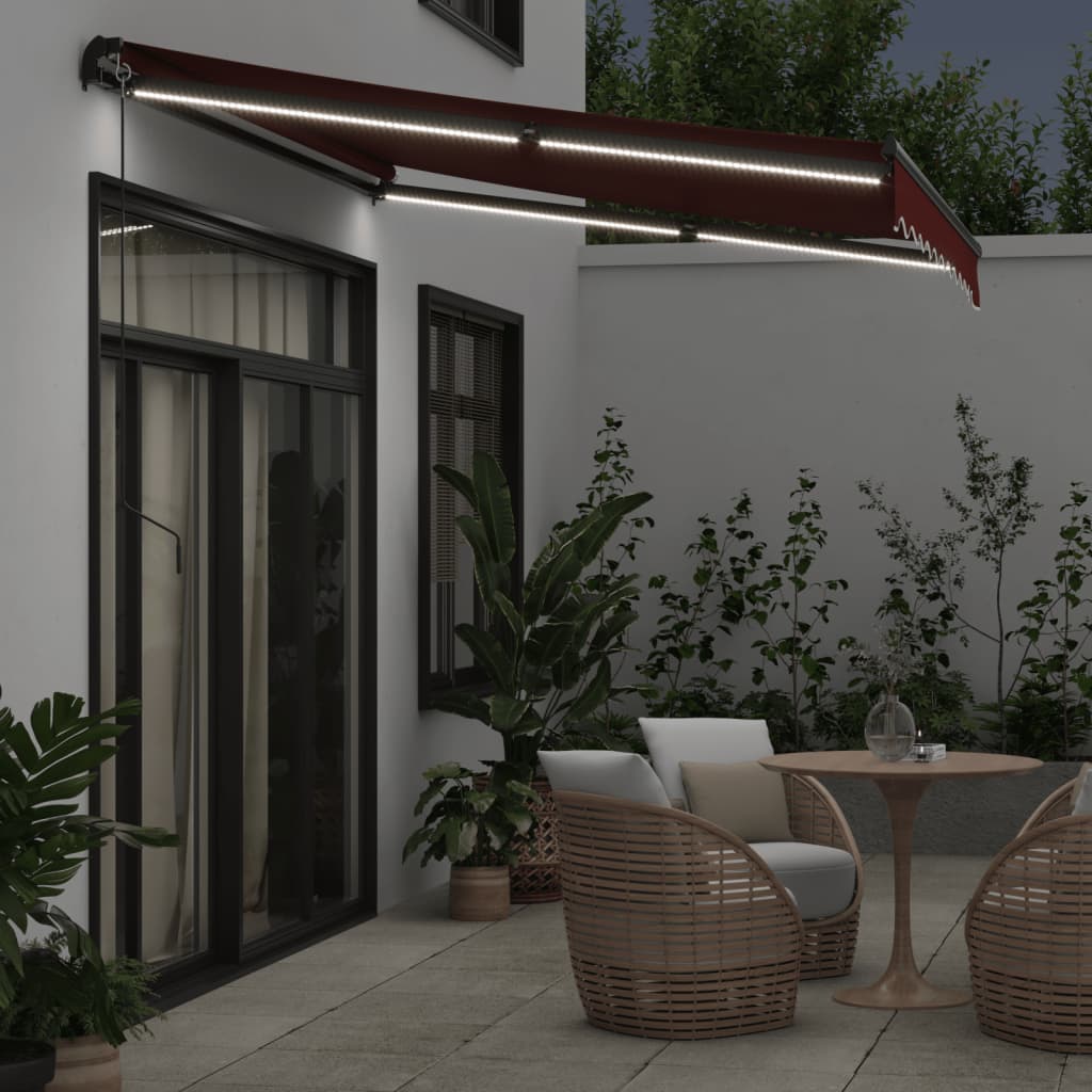 Manually retractable awning with LEDs, burgundy 300x250 cm