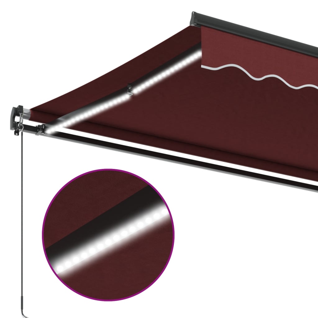 Manually retractable awning with LEDs, burgundy 300x250 cm