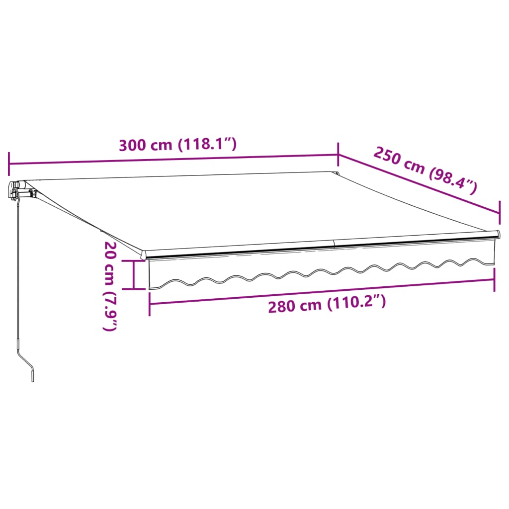 Manually retractable awning with LEDs, burgundy 300x250 cm