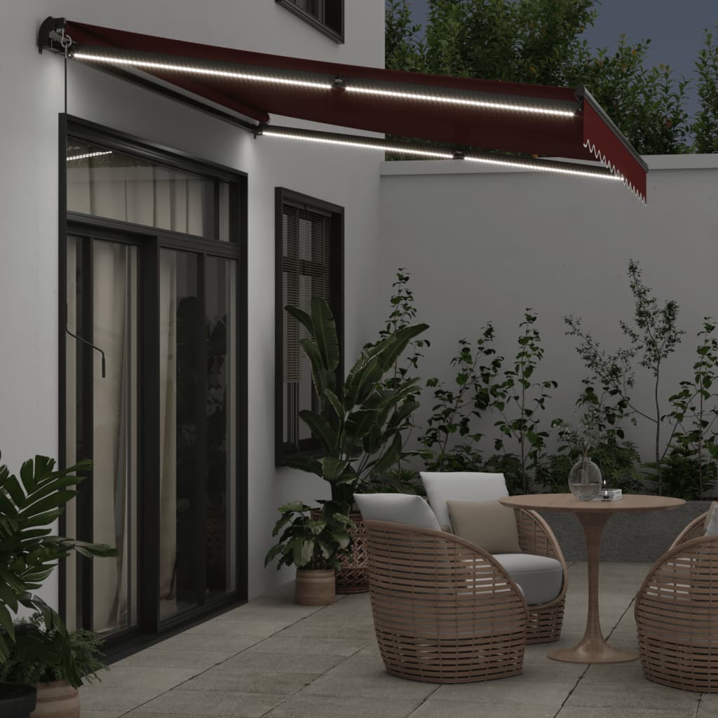 Manually retractable awning with LEDs, burgundy 350x250 cm