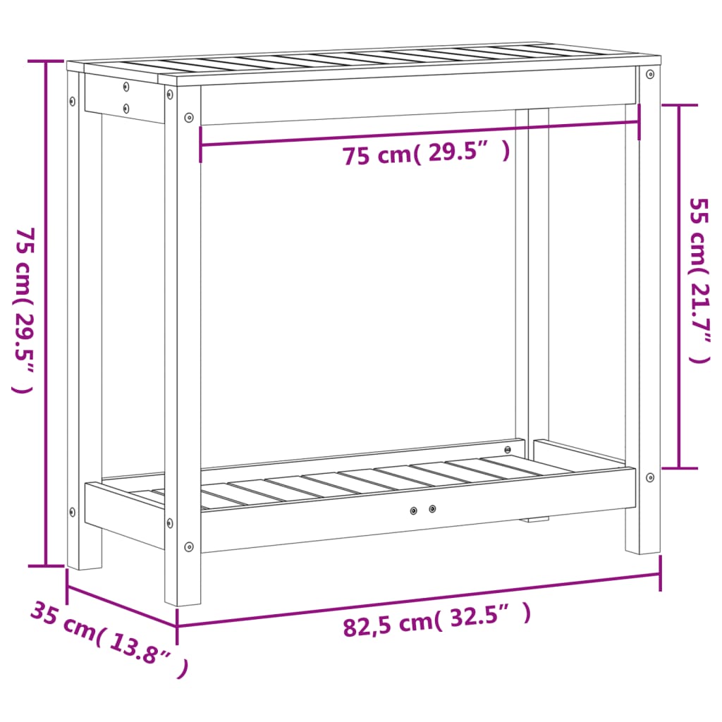 Ruukutuspöytä hyllyllä 82,5x35x75 cm täysi mänty