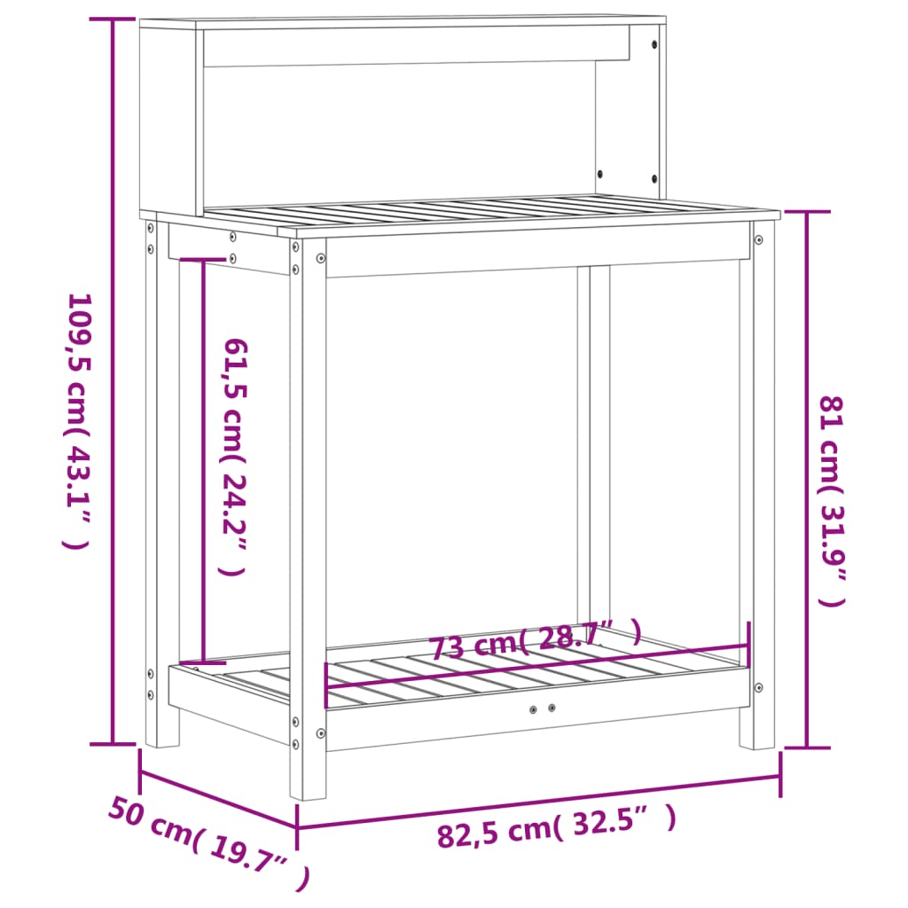 Ruukutuspöytä hyllyllä 82,5x50x109,5 cm täysi mänty