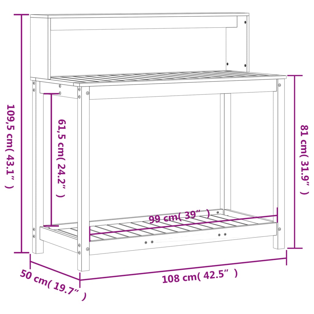 Ruukutuspöytä hyllyllä 108x50x109,5 cm täysi mänty