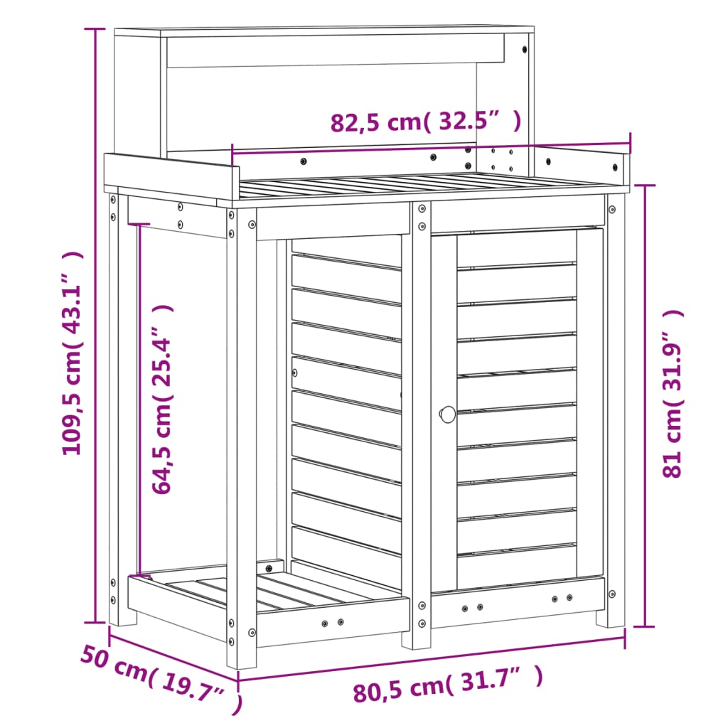 Ruukutuspöytä hyllyllä 82,5x50x109,5 cm täysi mänty