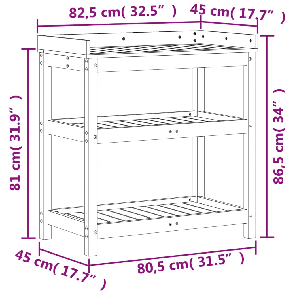 Ruukutuspöytä hyllyillä 82,5x45x86,5 cm täysi mänty