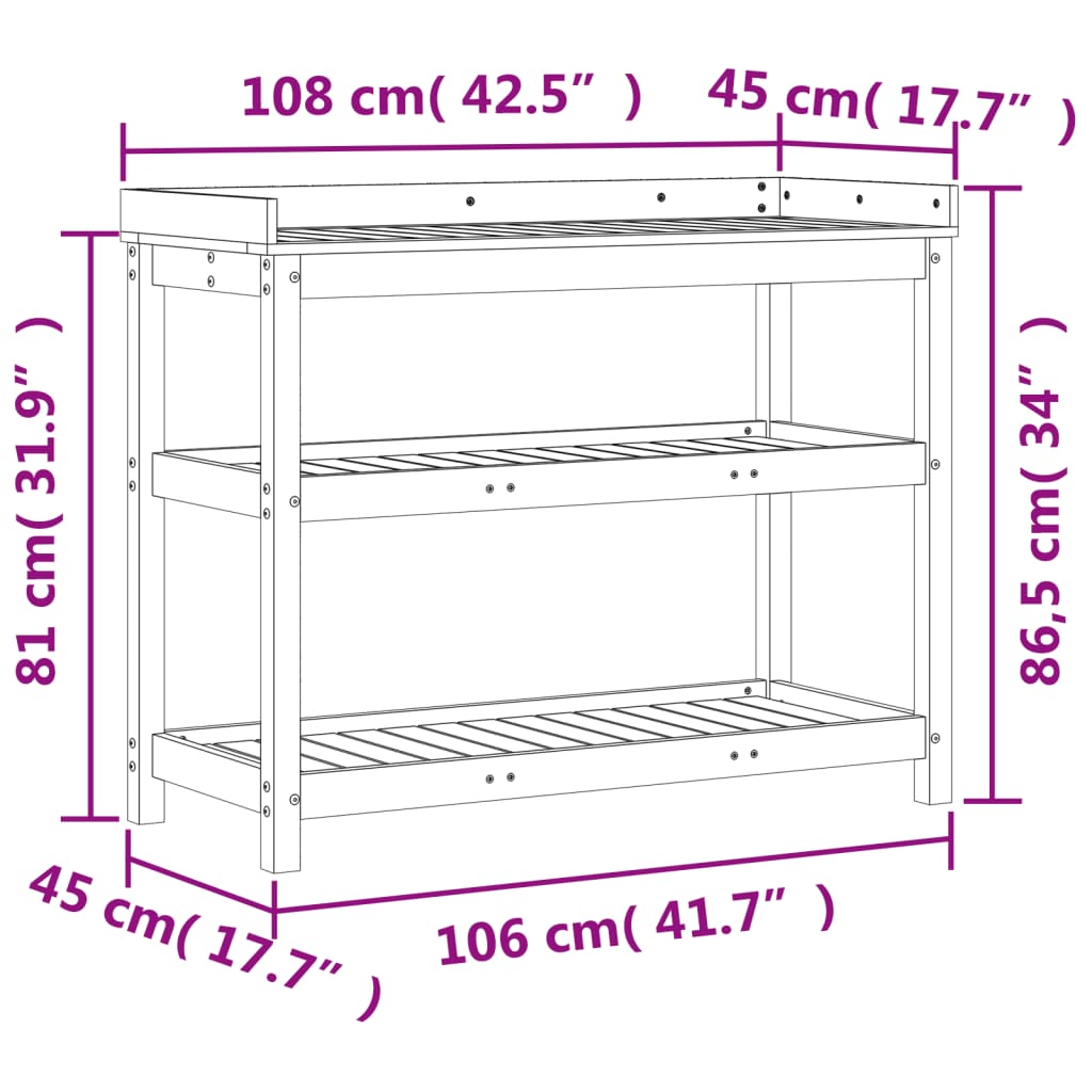 Ruukutuspöytä hyllyillä 108x45x86,5 cm täysi mänty