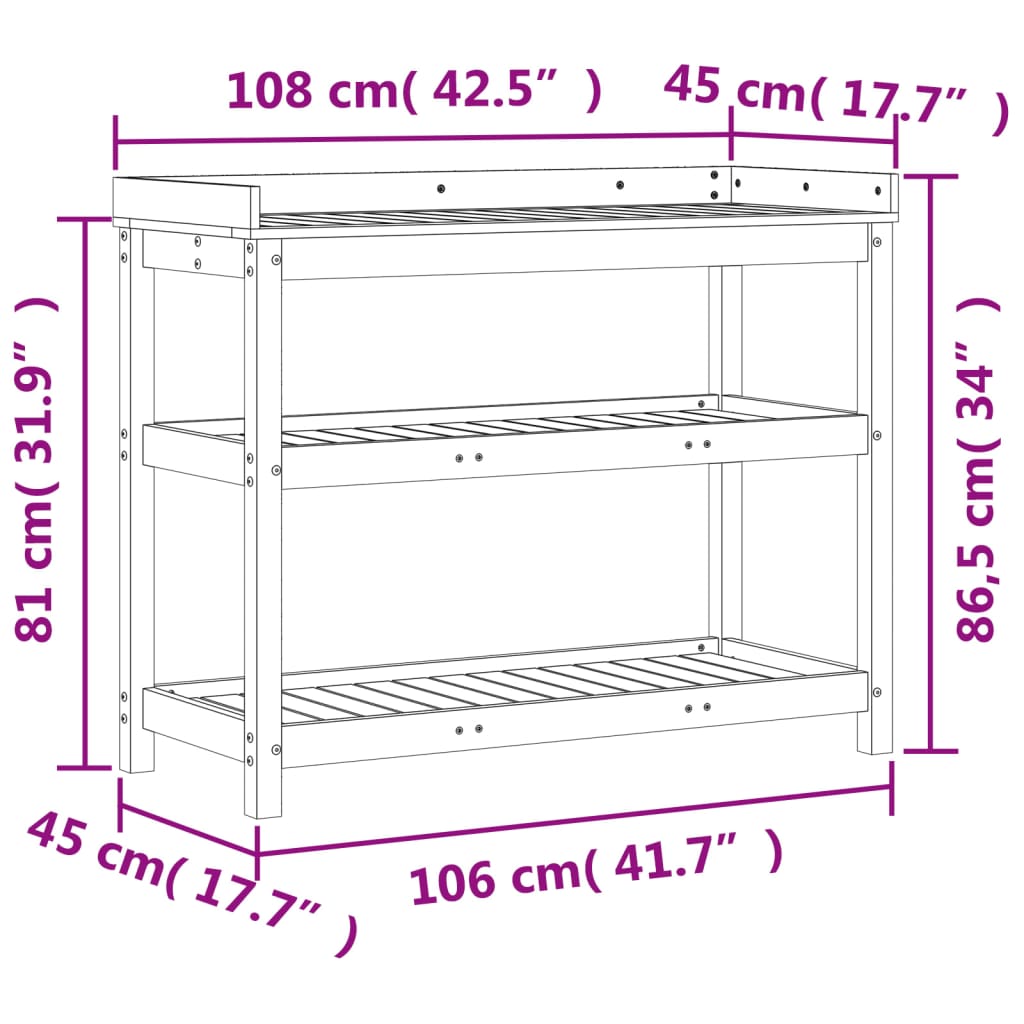 Ruukutuspöytä hyllyillä 108x45x86,5 cm täysi Douglas kuusi