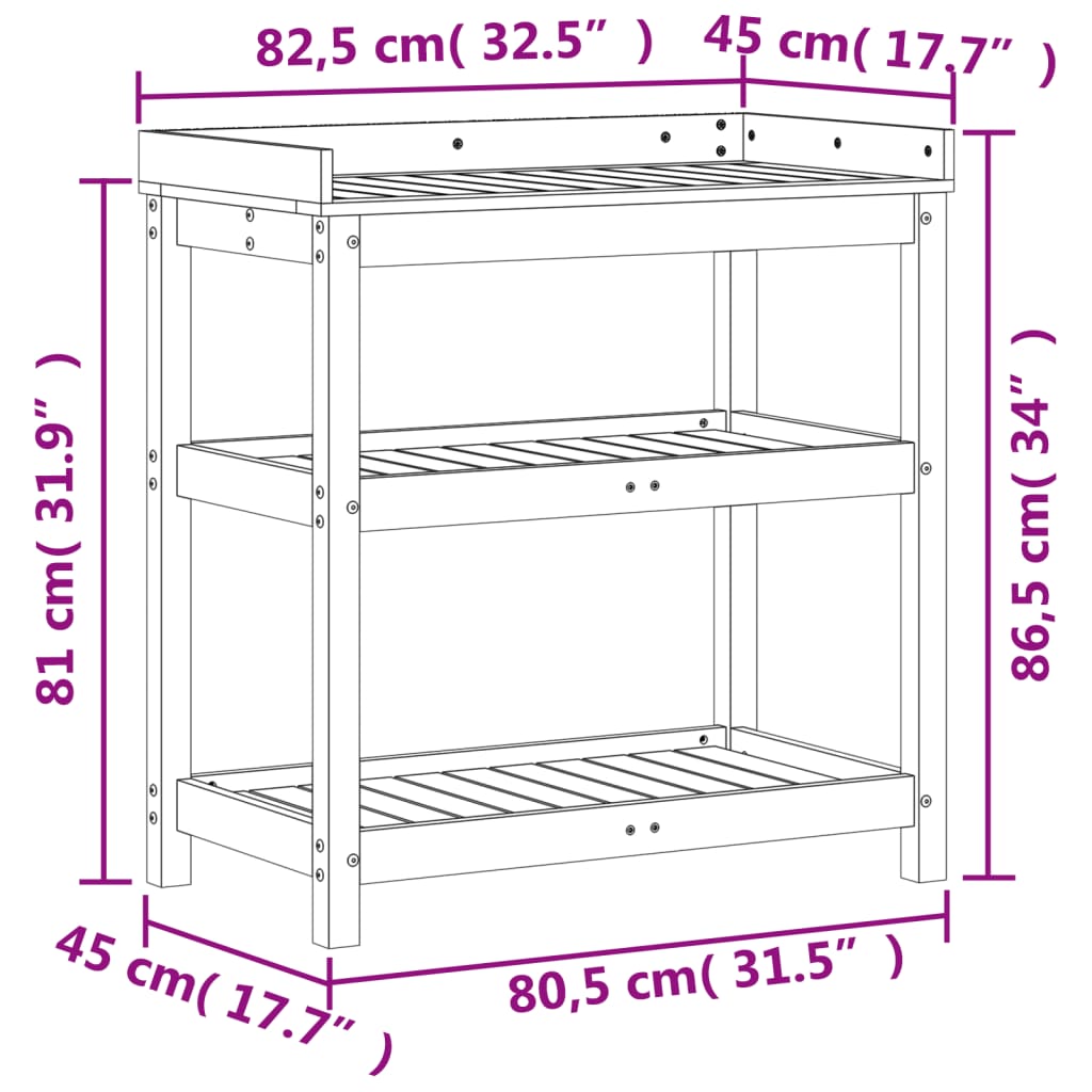 Ruukutuspöytä hyllyllä ruskea 82,5x45x86,5 cm täysi mänty