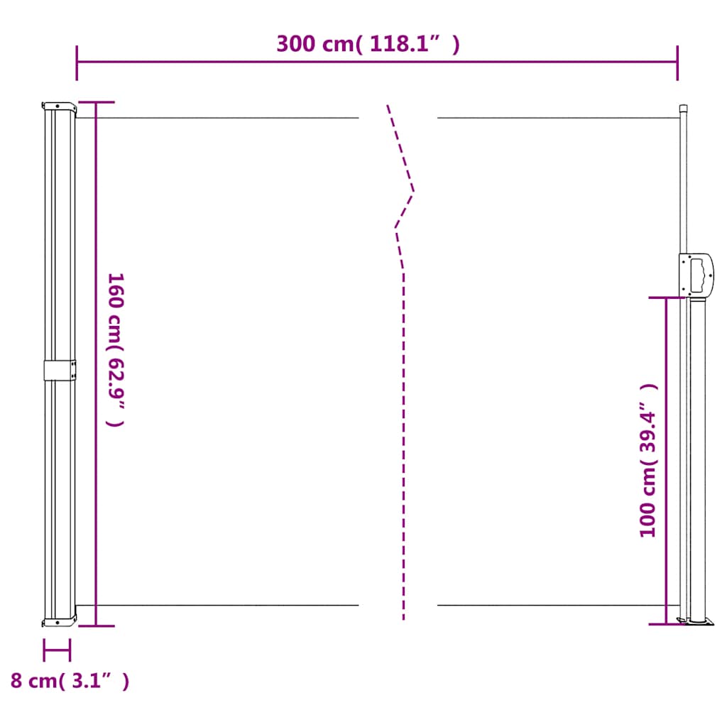 Retractable side awning white 160x300 cm