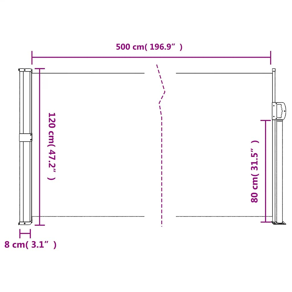 Retractable side awning white 120x500 cm