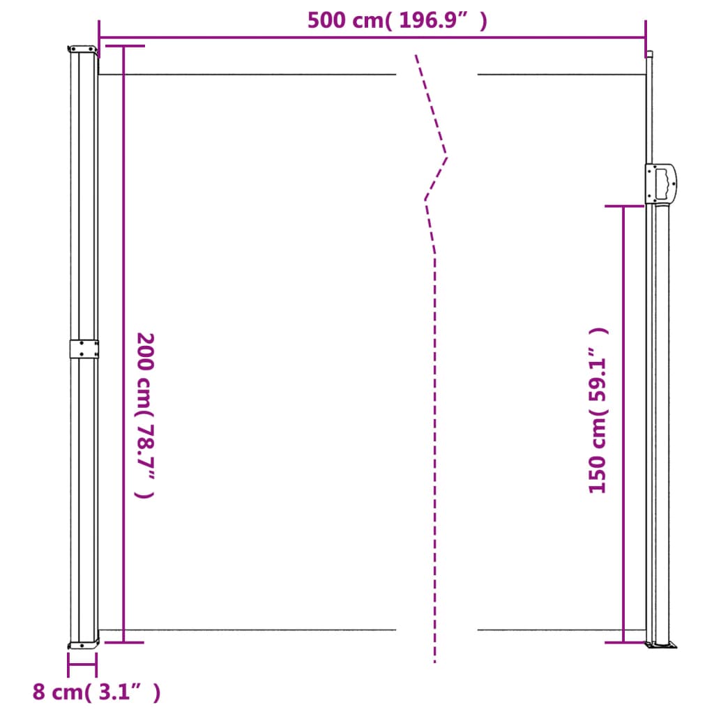 Sisäänvedettävä sivumarkiisi Terrakotta 200x500 cm