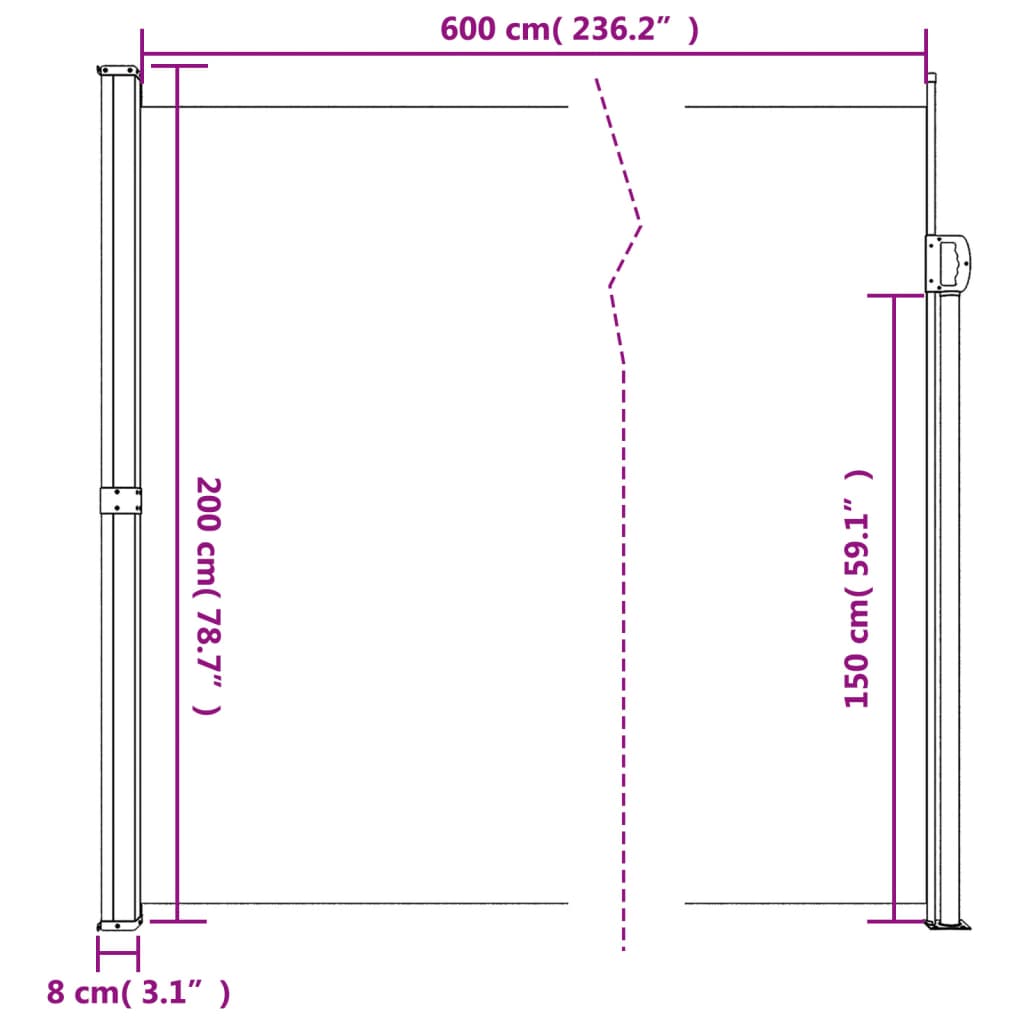 Sisäänvedettävä sivumarkiisi sininen 200x600 cm