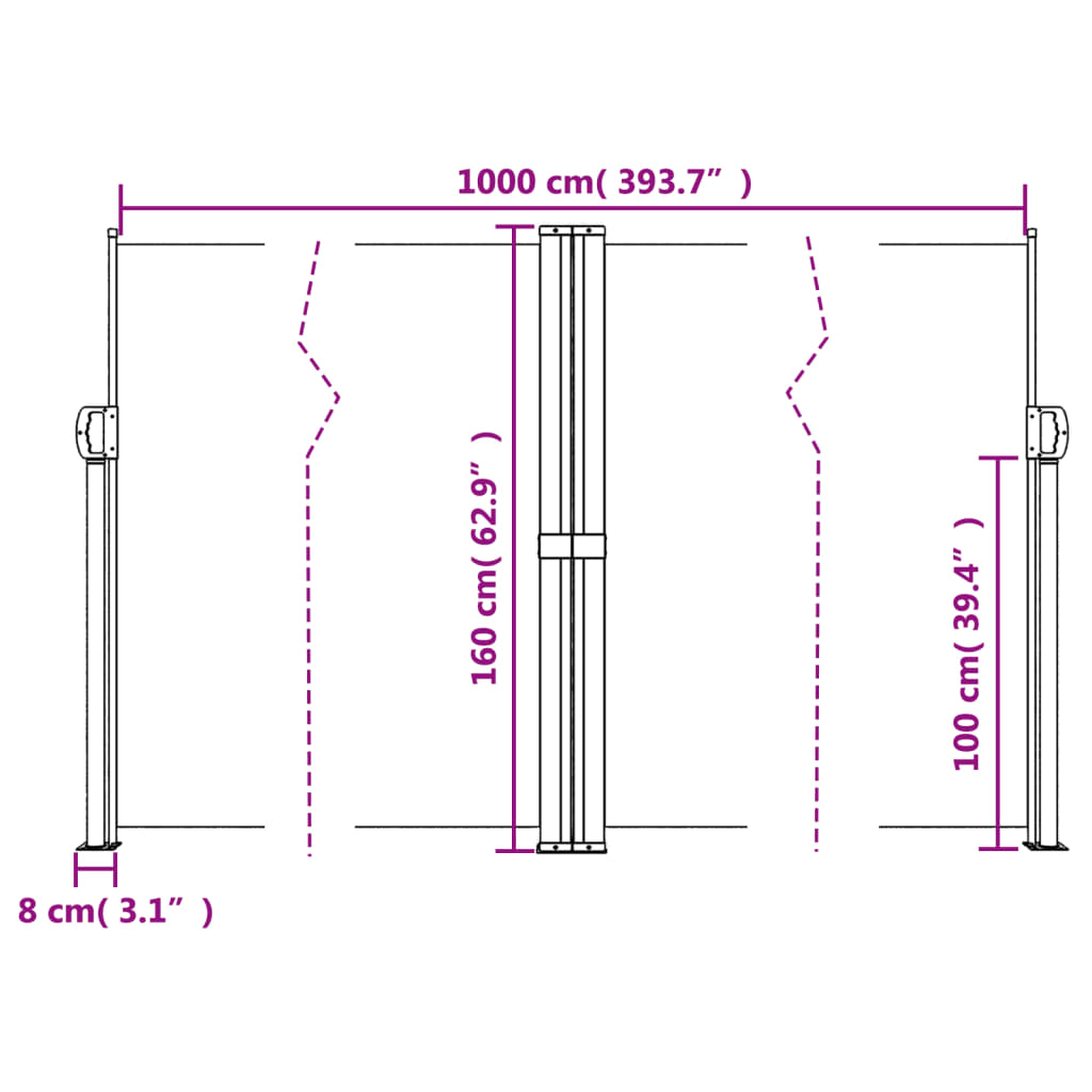 Retractable side awning white 160x1000 cm