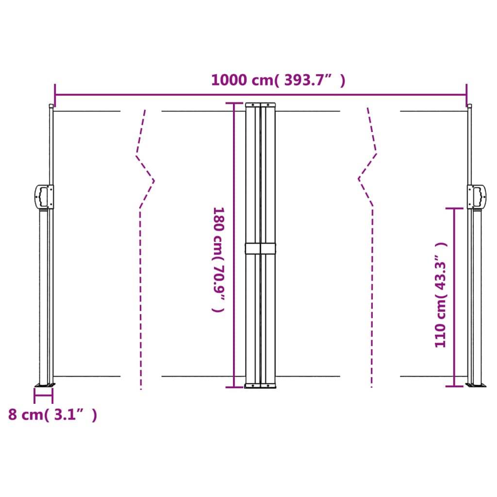 Retractable side awning white 180x1000 cm