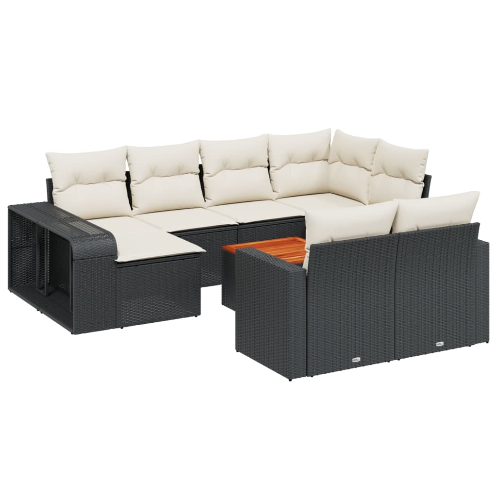 11-piece garden sofa set with cushions, black polyrattan