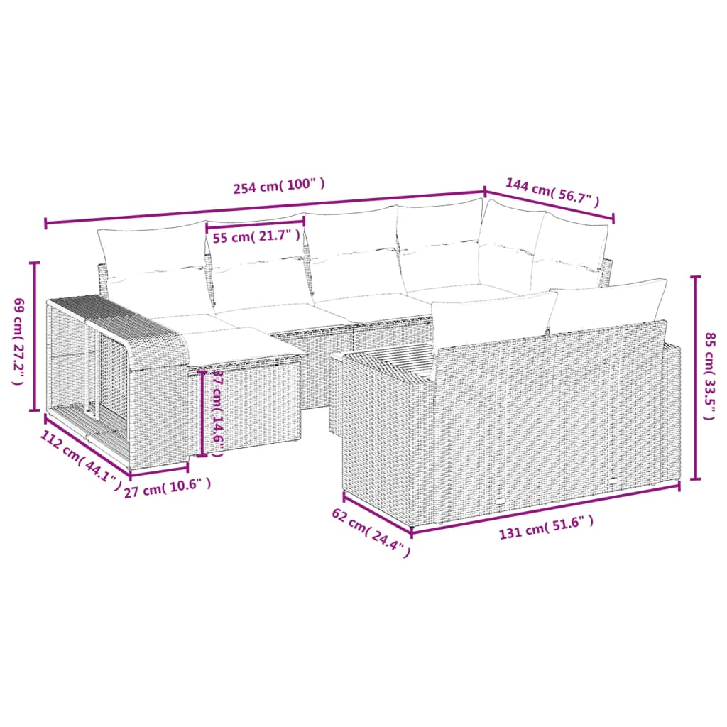 11-piece garden sofa set with cushions, grey polyrattan