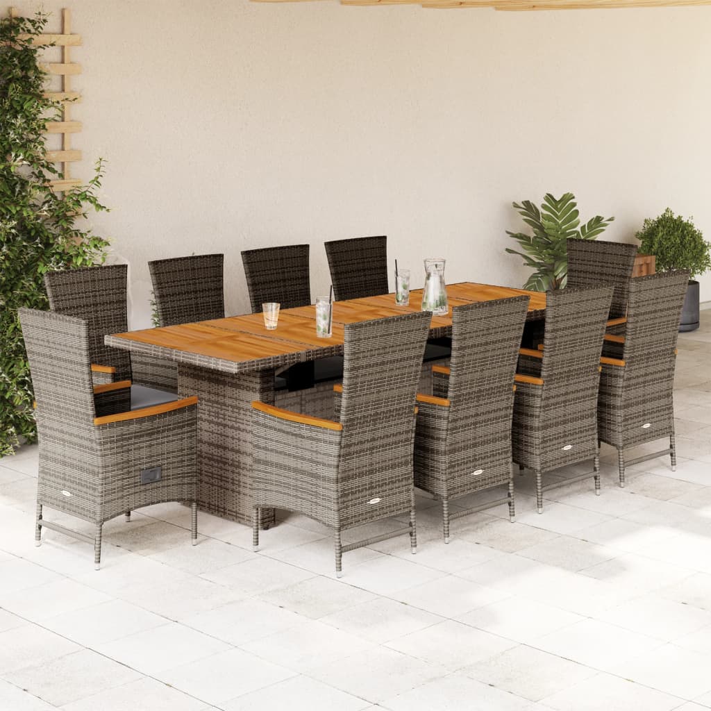 11-piece outdoor dining set with cushions, grey polyrattan