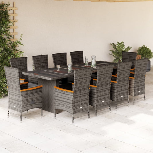 11-piece outdoor dining set with cushions, grey polyrattan