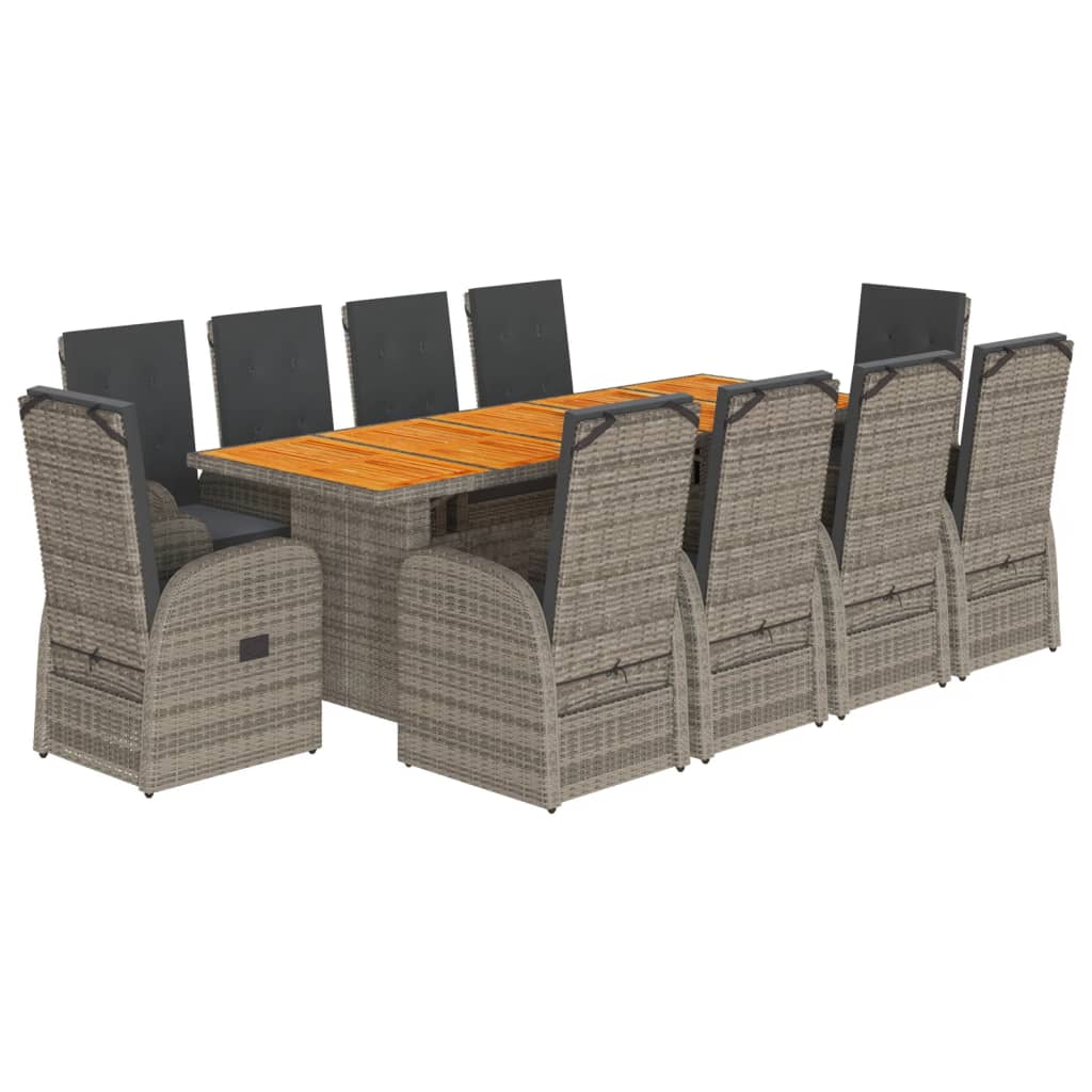 11-piece outdoor dining set with cushions, grey polyrattan