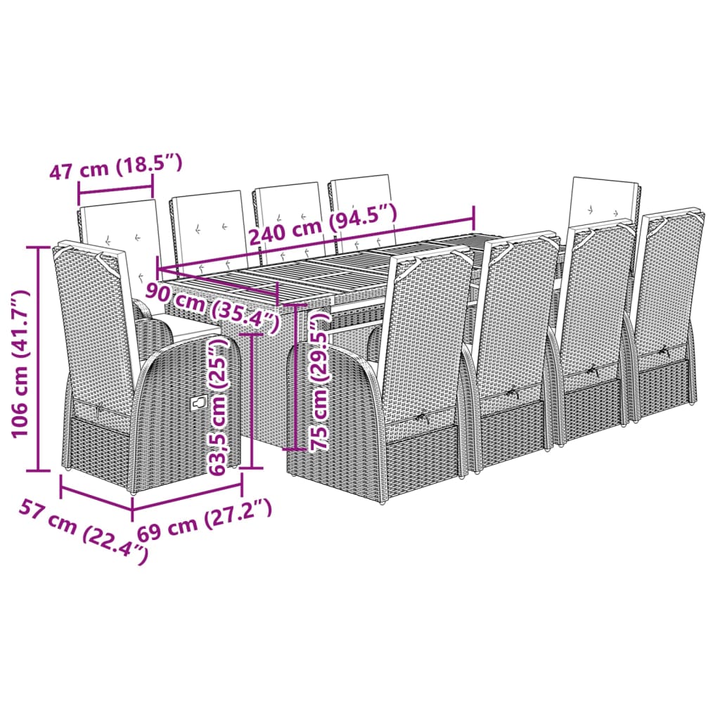 11-piece outdoor dining set with cushions, grey polyrattan