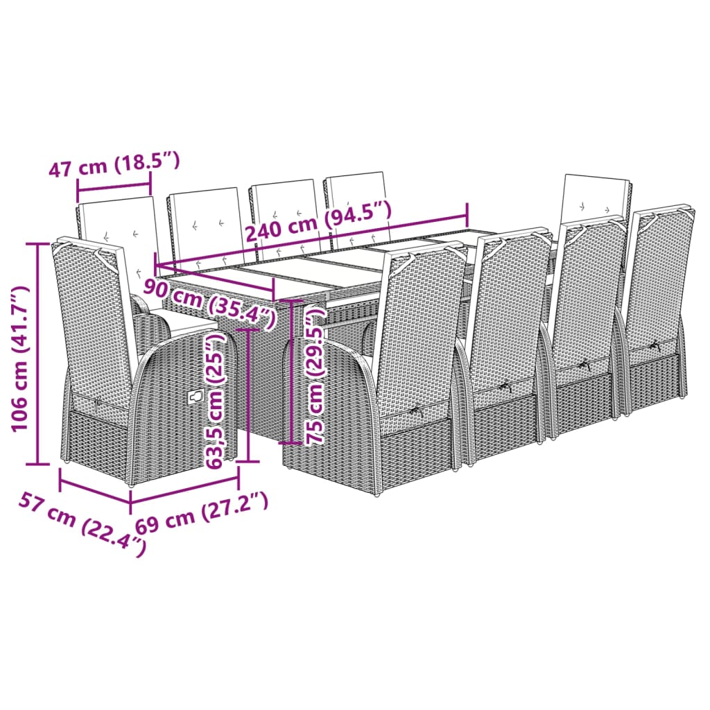 11-piece outdoor dining set with cushions, grey polyrattan