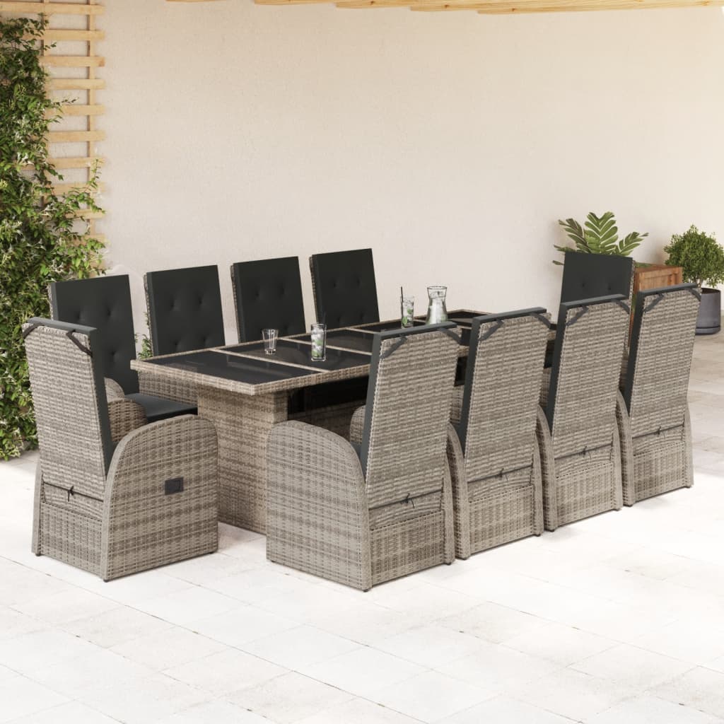 11-piece outdoor dining set with cushions, grey polyrattan