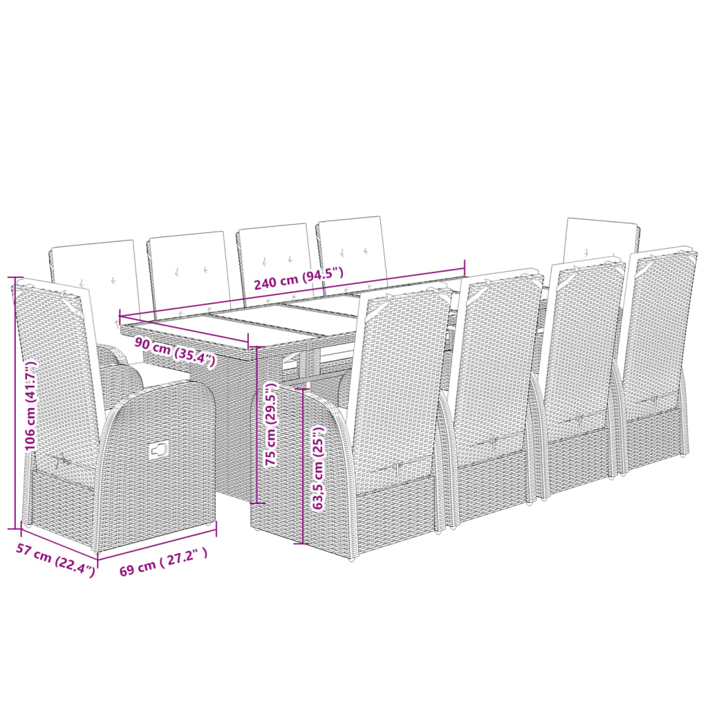 11-piece outdoor dining set with cushions, grey polyrattan